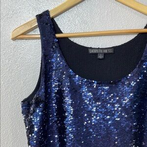 Lafayette 148 New York Navy Silk Sequin Sleeveless Tank Evening Cocktail Top L